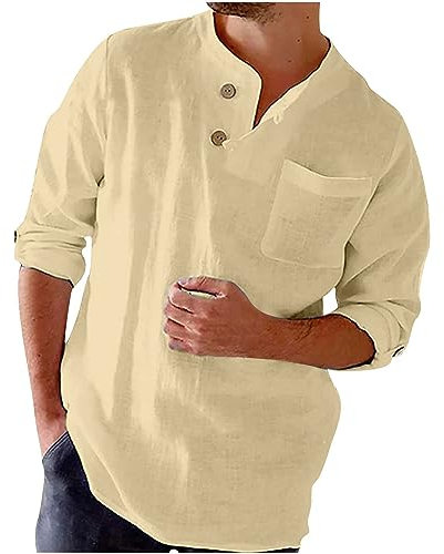 Mens Linen T Shirts UK Long Sleeve Casual Button Up Henley Shirts Cotton Summer Loose Fit Shirt Tops Solid Pullover Tops Comforty Breathable Shirts Office Business Blouses with Pocket