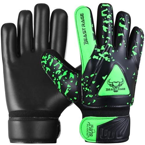 BEAST RAGE Gants de Gardien de But pour Enfants,Gants de Gardien de But pour Enfants avec Double Support de Poignet (Vert, Size 7 (S/M))