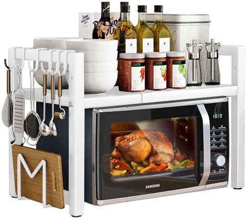 devesanter Erweiterbares Mikrowellen Regal 2-Stufiges Mikrowellengestell Organizer mit 5 Haken,Küchenregal Gewürzregal Arbeitsplatte Bäckerregale für von 40-64cm Weiß