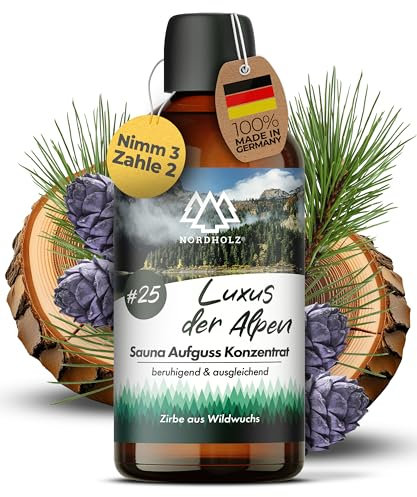 NORDHOLZ® Saunaaufguss [54 Sorten 15ml, 100ml, 250ml] - Sauna Aufgussmittel für intensive & erholsame - Sauna Zubehör (#25 Luxus der Alpen, 100ml)
