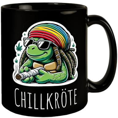Schildkröte Rastafari Tasse schwarz in Schwarz mit Spruch Chillkröte Lustige Chillkröte Bekifft Dreadlocks Rastafarihut High mit Joint Humorvolles Geschenk