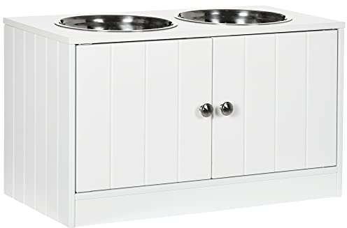 PawHut Ciotole per Cani Rialzate con Armadietto da 44L, Ciotole Rialzate in Acciaio Inox per Cani Grandi, 60x30x35.5cm, Bianco