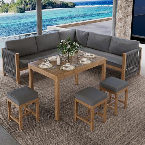 Merax Gartenmöbel Set 7-8 Personen, Outdoor Balkonmöbel mit Esstisch und Hocker Set, Terrassenmöbel aus Akazie, für Balkon Terrasse, Gartenlounge Set, Grau