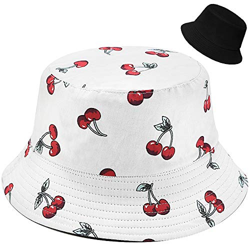 Malaxlx Damen Kirsche Weiß Muster Fischerhut Bucket Hat Anglerhut Sonnenhut Reversibel Fischerhüte Sommerhut Faltbarer Strandhut Draussenhut