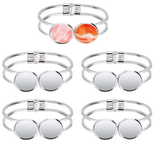 WEBEEDY 5 Stück Lünette Tablett Leer Armreifen Silber Runde Cabochon Armreifen Rohlinge Mit 20 mm Doppelrunde Tablett Für Cabochon Armband Herstellung DIY Schmuckherstellung Geschenke zu Weihnachten