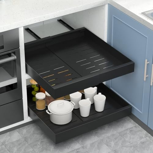Alishomtll Teleskopschublade, Ausziehbare Schublade Küchen, Küchenschrank Verstellbare Breite, Metall Schrank Organizer Ausziehbar Kein Bohren, für Küche, Bad, Wohnzimmer, 31-51.5x53x7cm Schwarz