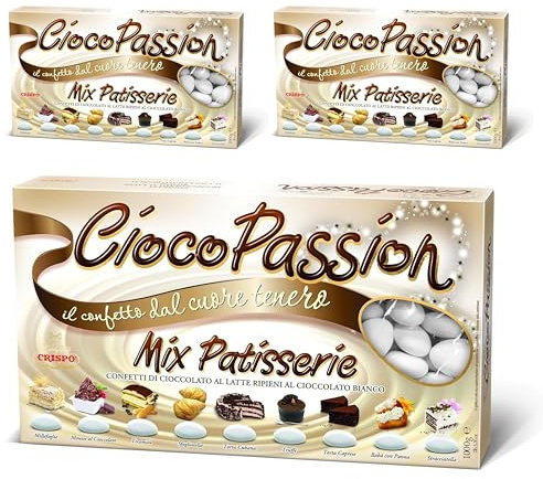 3 Kg di Confetti Crispo Cioco Passion Mix Patisserie, con Cioccolato al Latte Bianco Ripieni, Gusti Assortiti, per Bomboniera Confettata Matrimonio Comunione (3000 gr)