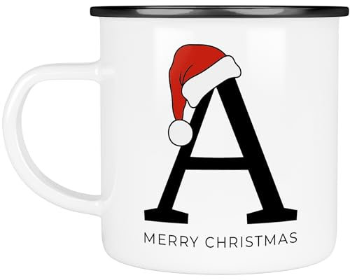 Emaille Weihnachts-Monogramm-Tasse Frohe Weihnachten - Merry Christmas - mit Anfangsbuchstabe und Wunschnamen - Nikolaus Monogramm Glühwein (Emaille - Schwarzer Rand)