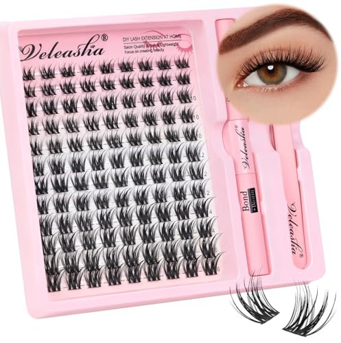 Veleasha Wimpern Extensions Set 144PCS 9-16MIX with Wimpernkleber dauerhaft Wimpern Pinzette und Wimpern Remover, Lash Extension Set für natürlichen Look DIY zu Hause (LD011 KIT)