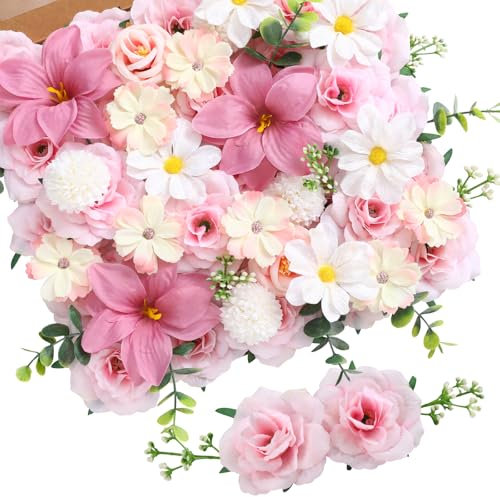 JUSTOYOU Lot de 50 fleurs artificielles fuchsia, fleurs en soie avec tiges, fausses roses, hortensia, tiges d'eucalyptus, bouquet de mariage pour gâteaux, arrangements floraux, fête, décoration