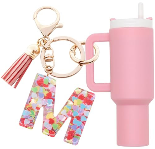 Altally Mini Tumbler Keychain Chapstick Holder,Cute Stanley Cup Charms For Backpack Initial Letter Keychains For Women Girls, M Pink, S