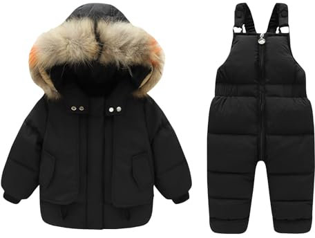 XINYUNZU Schneeanzug Kinder Skianzug 2 Teilig Warm Winddicht Skijacke + Skihose Set Latzhose mit Winterjacke Skikleidung Winteranzug Schneeanzüge für Jungen und Mädchen Schwarz 3 Jahre
