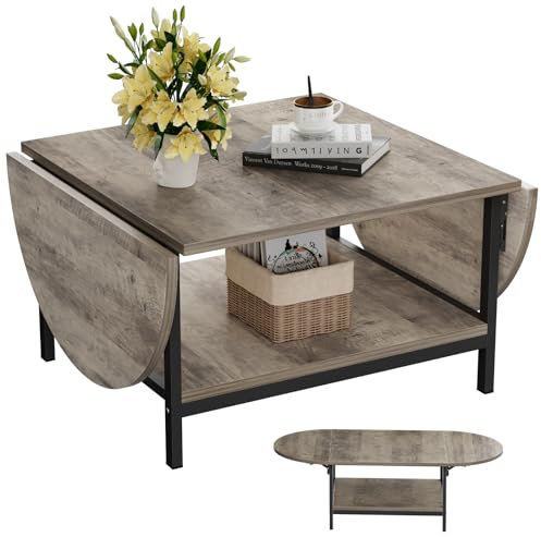 SAYGOER Folding Coffee Tables for Living Room 2-Tier Extended Coffee Table with Storage Vintage Farmhouse Center Table for Large or Small Spaces, Foldable, Gray Wash