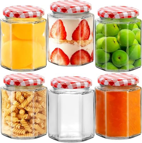 Pot de Confiture en Verre Avec Couvercle au Gingembre Rouge - 280ml / 9oz - Pot de Rangement Hexagonal en Verre, Pot Transparent Étanche à L'air Pour Cornichons, Chutneys, Confitures, Café - set de 6