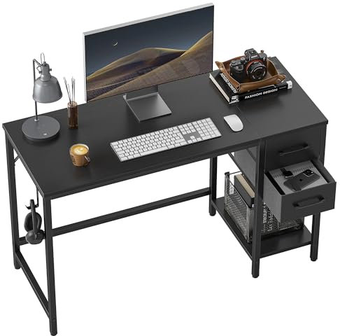 CubiCubi Schreibtisch mit 2 Schubladen und Kopfhörerhaken, 120×50×75cm Kleiner Computertisch, Bürotisch, für Arbeitszimmer, Schlafzimmer, Metallgestell, Schwarz