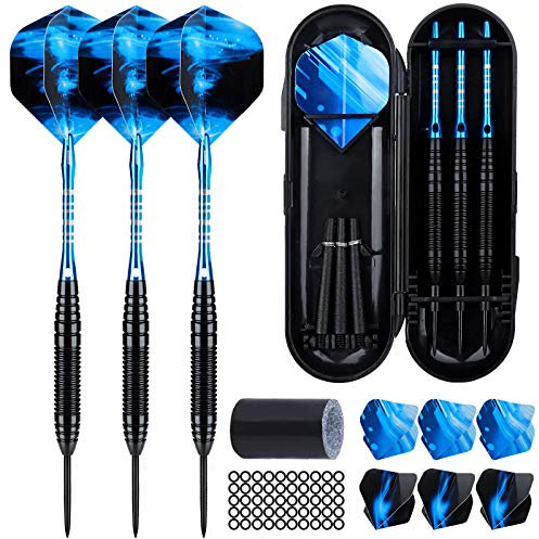 Sinwind Dartpfeile mit Metallspitze, 3 Stück 22 Gramm Profi Steeldarts, Steel Dartpfeile Set 3 Aluminium Schaft mit 9 Flights, 50 Anti-Lose Gummiringe und 1 Dart Tool Sharpener (Blau)