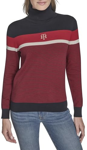 Tommy Hilfiger Langärmeliger Rollkragenpullover für Damen, Baumwolle, leicht, Sky Captain Multi Stripe, X-Groß