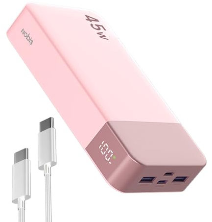 Nobis Batterie Externe 20000mAh Power Bank 45W Chargeur Externe Portable USB-C in & Out Charge Rapide, 4 Ports avec Affichage Numérique LED, Compatible avec MacBook, Phone 15 14 13 Pro S23(Rose)