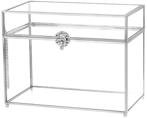 QUARKZMAN Glas-Kartenbox Hochzeitskartenbox mit Schloss für Hochzeitsfeier, 25,5 cm x 14,5 cm x 20 cm Umschlagkartenhalter für Empfang, Abschlussfeier, Silber
