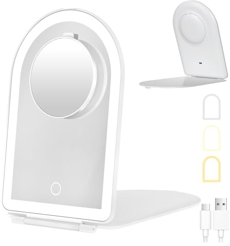 FUNTOUCH Rechargeable Travel Makeup Mirror with Lights,Portable Lighted Compact Mirror with Small 10X Magnification,3 Color Lighting, Dimmable Touch Screen, Tabletop LED Folding Cosmetic Vanity Mirror