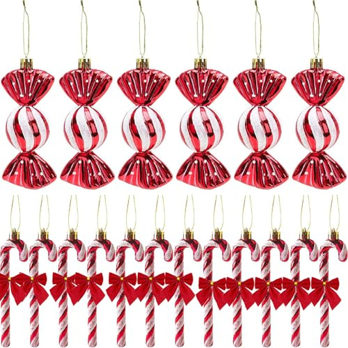 30 Stück Weihnachten Zuckerstangen Deko mit Schokoriegeln und Schleifen und Bonbons， Christmas Decorations Glitzer Weihnachtsbaumschmuck Rot & Weiß Süße Weihnachtsanhänger Weihnachtsbaum Deko
