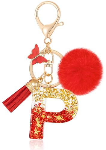 MWOOT Initiale Letter Keychains Porte Clé Lettre,Alphabet Initial Keyring avec Papillon Pompon Pendentif,Rouge Feuille D'or Key Ring pour Femmes Portefeuilles Sac à Main Bagages Charme