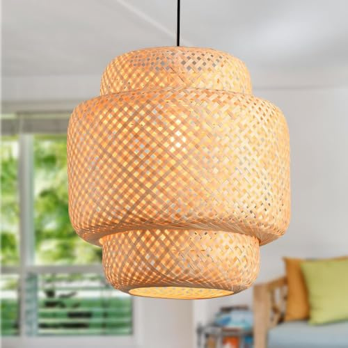 JOYINLED Deckenlampe Bambus Hängelampe Korb Boho Lampe Esszimmer Ø40cm Wohnzimmer Hängend Rattan Natur Küche Vintage E27 Retro 1,5m Textilkabel(Glühbirne nicht enthalten)