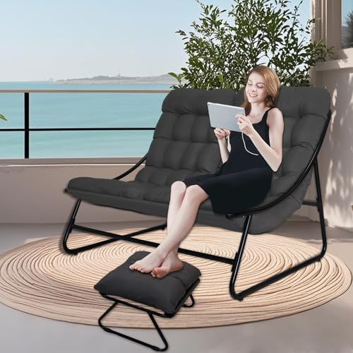 OVLRIJP Loungesessel Outdoor, Outdoorsessel, Doppelliege Outdoor, Gartensessel mit 8cm Auflage Abnehmbar, Gartenliege 2 Personen, Relaxsessel für Garten,Terrasse (Schwarz/mit 1 Hocker)