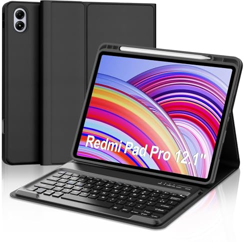 Coque Clavier pour Redmi Pad Pro/Xiaomi Poco Pad 12.1 Pouces, AZERTY Français Housse Clavier Bluetooth Magnétique Détachable avec Porte Crayon pour Redmi Pad Pro/Xiaomi Poco Pad 12.1 2024, Noir