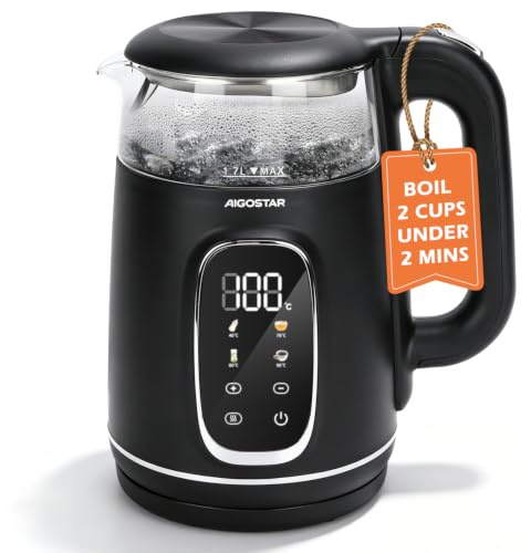 Aigostar 1.7L Temperature Control Kettle (40℃-100℃）with 2H Keep Warm | 2200W Fast Boil Electric Kettle with 4 Presets, Filter, LED Display, Cool Touch, Boil-Dry Protection & Memory Function, Black