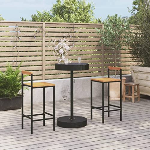 Yunovire 3-TLG. Gartenbar-Set, Schwarz, Poly Rattan & Akazienholz, wetterfest, 1 Bartisch & 2 Barstühle, für Terrasse, Balkon, Außenbereich