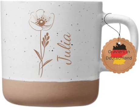 Tasse mit Namen personalisierte Tasse Geschenk für Freundin – Steingut Kaffeetasse mit Mohnblume – spülmaschinenfest – 360 ml – Namensgravur (Name+Mohnblume)