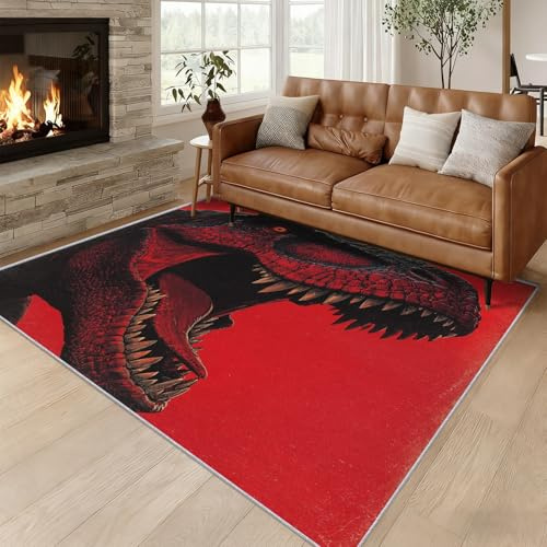 Generisch Tyrannosaurus Rex Teppich Groß 80x150, Jurassic Tier Dinosaurier Teppich Wohnzimmer Schlafzimmer, Teppiche Gegend Schwarz Rot, Weich Kurzflor Waschbar rutschfest Wohnzimmerteppich O-fd4