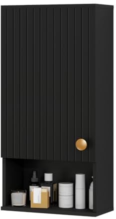 YU YUSING Meuble WC Étroit Suspendu 33x17x66 cm Porte Rainurée | Étagères Réglables, Armoire Murale Salle de Bain, Compartiment Ouvert, Petite Armoire Toilette en MDF Petits Espaces, Noir