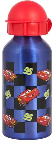 Disney Cars Lightning McQueen Aluminium Water Bottle with Red Lid, 400ml, Blue Checkered Design, for Children 48+ Months