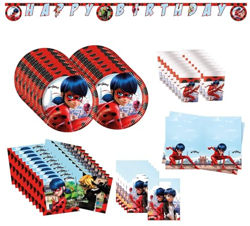 Procos Miraculous Ladybug Partyset 60-tlg. für 16 Kinder | 16 Teller, 16 Becher, 20 Servietten, 1 Tischdecke, 6 Partytüten, 1 Partykette