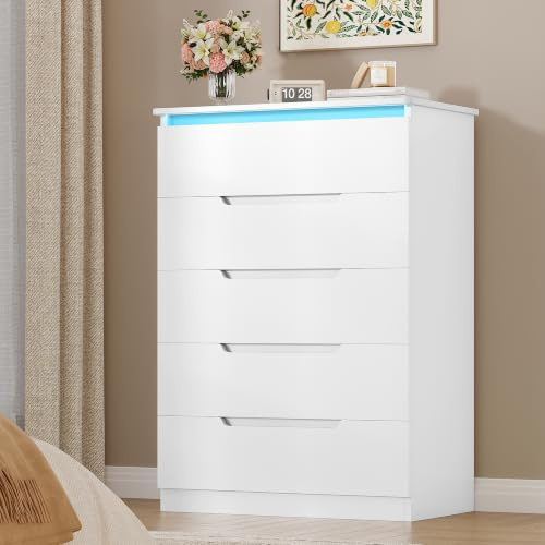 Hzuaneri Kommode mit LED-Beleuchtung, 5 Schubladen, 40 x 60 x 104 cm, Weiß | Kommode mit Schubladen, Spind mit Beleuchtung, Moderner Stil, Geeignet für Wohnzimmer und Schlafzimmer DC01503XEU