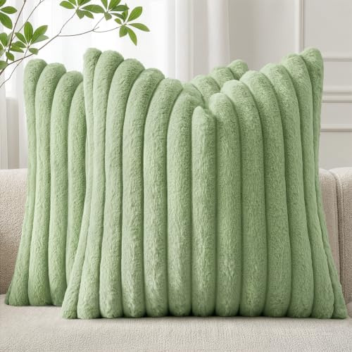 Woaboy 2er Set Kissenbezug 40x40 Flauschige dekokissen Hellgrün | Flauschige Kissenbezüge Gestreifte Künstlich Pelz Sofakissen Superweich Dekokissen für Wohnzimmer Bett Couch