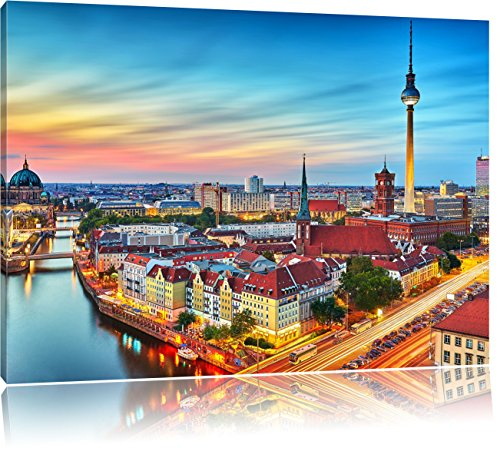 Pixxprint Berlin City Panorama, Größe: 100x70cm, Leinwandbild, fertig gespannt, Wandbild, Dekoration, Kunstdruck, kein Poster