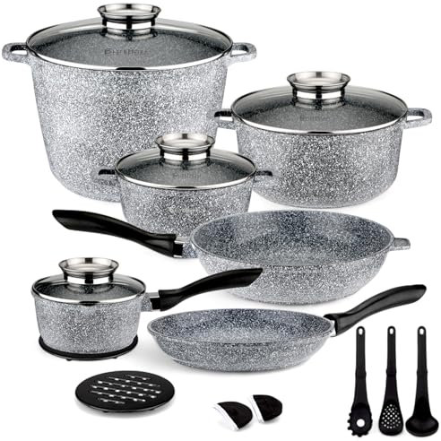 EliteHoff Induktion Topfset, 17-teiliges Kochgeschirr-Set, Kochtopf und Pfannenset mit Deckel, Topf Aluminium, Antihaft Kochgeschirr für alle Herdarten, Spülmaschinenfest & PFOA-frei (Grau, E-7027)