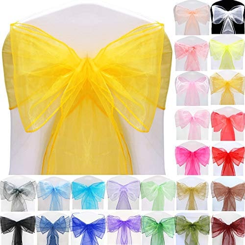 Time to Sparkle 50pcs 22x280cm Yellow Gold Organza Sashes Wider Sash Fuller Bows Chair Cover Bows Sash for Wedding Party Birthday Decoration