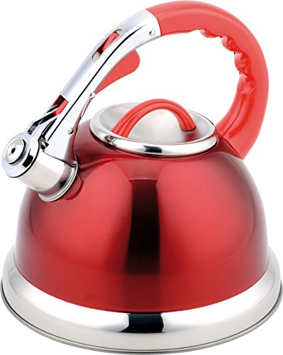 Buckingham Induction Retro Stainless Steel Whistling Kettle 3.5Ltr Red with Soft Touch Black Easy Grip Handle, 3.5 L