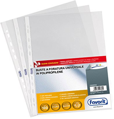 Favorit Buste Perforate Trasparenti A4, Antiriflesso a Buccia d'Arancia, Confezione da 100 Pezzi
