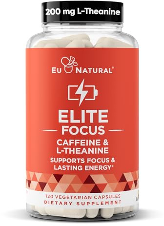 Eu Natural Elite Caffeine Pills with L-Theanine - 100mg Caffeine + 200mg L-Theanine - Jitter-Free Focused Energy & Clean Nootropic Stack - 120 Soft Capsules