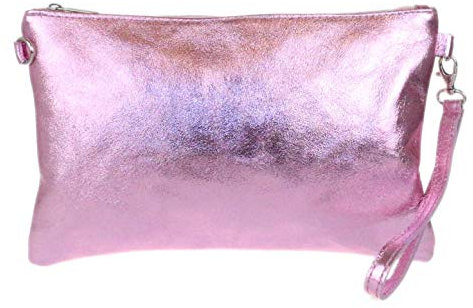 Girly Handbags Womens Genuine Italian Metallic Leather Clutch Bag (Light Pink)