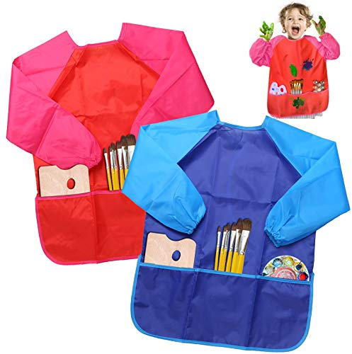 BelleStyle Malschürze Kinder, Wasserdichte Langarm Kinder Malkittel Kunst Kittel mit Ärmeln und Taschen zum Schule Malen, Backen, Kochen, Backen - 2-6 Jahre Alte Kinder - 2 Stück (Blau und Rot)