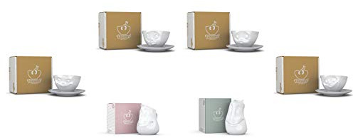 Fiftyeight 6er Set / 4 x Milchkaffeetasse mit Untertasse und Kanne Gut Drauf und Milchkännchen Drollig