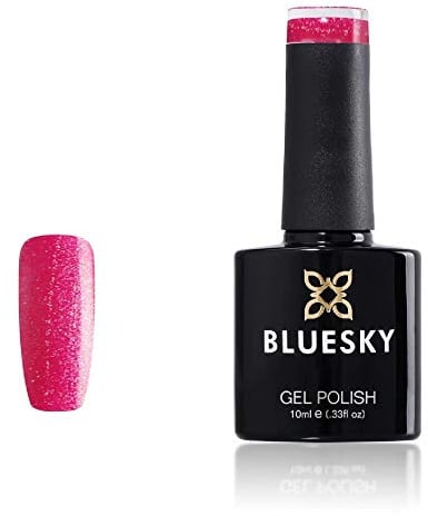 Bluesky Gel Nail Polish 10ml, Crystal Bright Pink - SJ21, Glitter | Fine shimmer packed into a vivid rose base for a mirror-like sheen. Holds for 21 days, then soaks off with acetone.