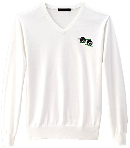 Mens V Neck Bowling Jumper Full Sleeve Actylic Top with Embroidered Bowling Bowls Logo (Small, White)