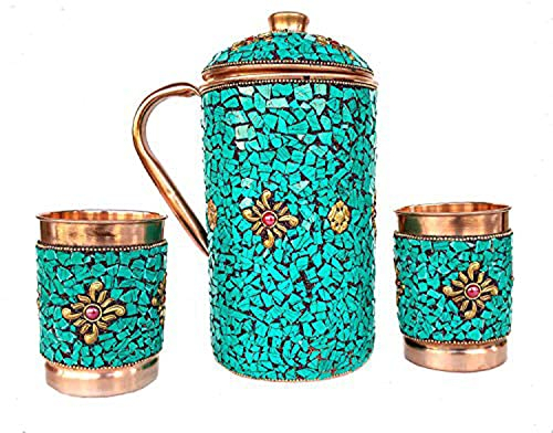 Rastogi Handicrafts Pure Copper Jug Drinkware Set Dinnerware Tableware Pitcher Outer Decorated (Green jug + 2 Glass)